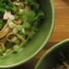Noodles with peas, tofu cubes, sliced green onions and cilantro sprigs in a green bowl on dark wood background.