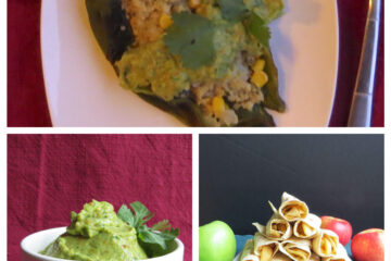 Grid with 3 images: Quinoa-Stuffed Poblano Peppers on a white plate on top, Chile Avocado sauce in a small white bowl on bottom left, and a stack of Baked Apple Taquitos on a white plate with whole apples on the sides.